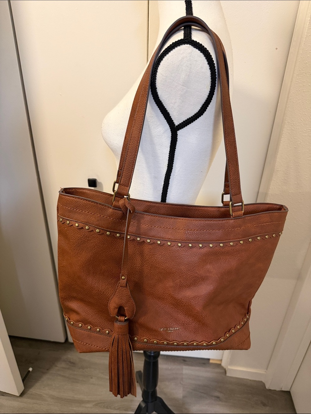 Brown Faux Leather Tote Bag with Tassel Accent